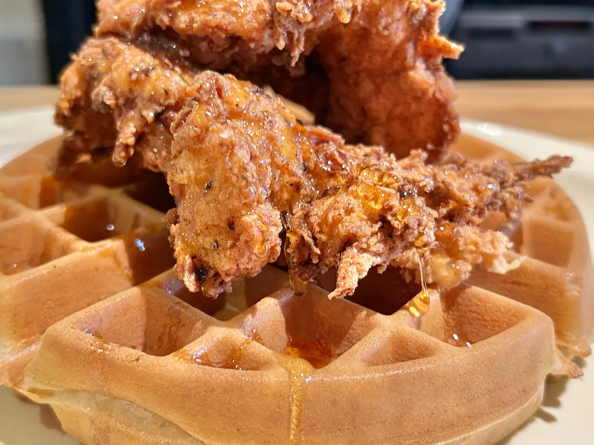 Chicken and waffle, close up