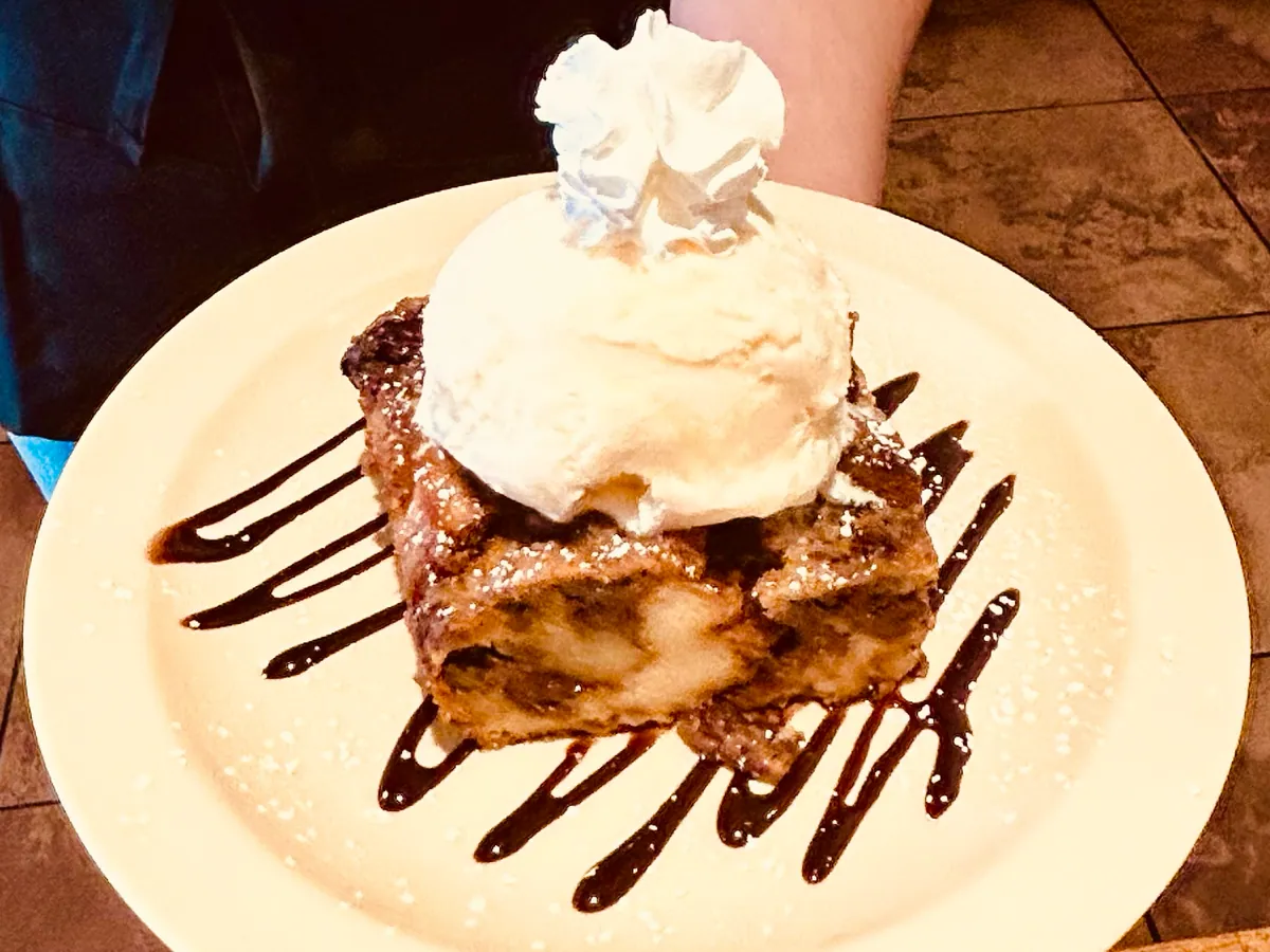 Bread pudding with ice cream and chocolate